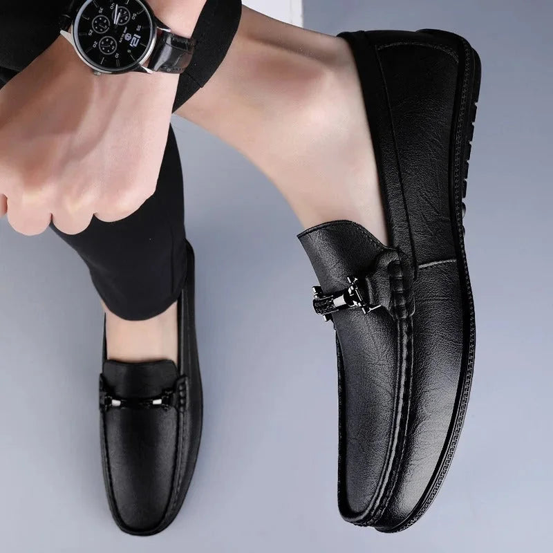 Men's Loafers – Black Slip-On with Metal Detail — Black