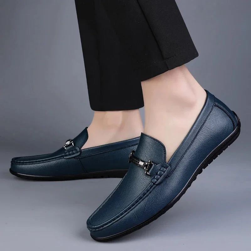 Men's Loafers – Black Slip-On with Metal Detail — Blue