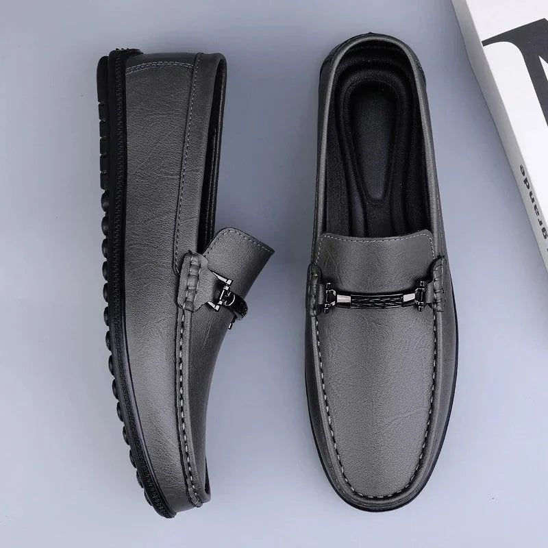 Men's Loafers – Black Slip-On with Metal Detail — Gray