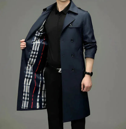 Men's Long Coat – Black Double-Breasted Lapel Front — Blue