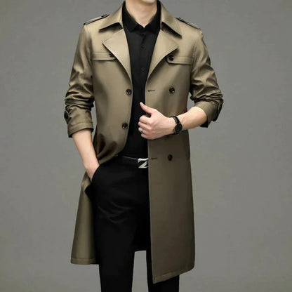 Men's Long Coat – Black Double-Breasted Lapel Front — Beige