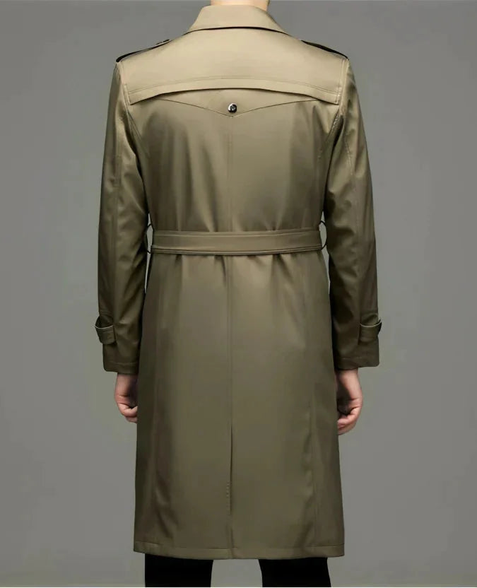 Men's Long Coat – Black Double-Breasted Lapel Front — Beige