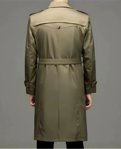Men's Long Coat – Black Double-Breasted Lapel Front — Beige