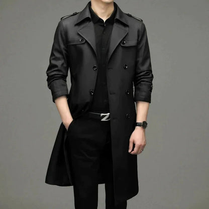 Men's Long Coat – Black Double-Breasted Lapel Front — Black