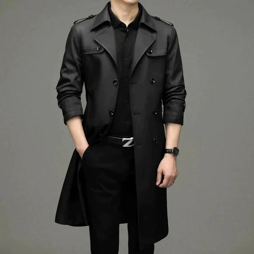 Men's Long Coat – Black Double-Breasted Lapel Front