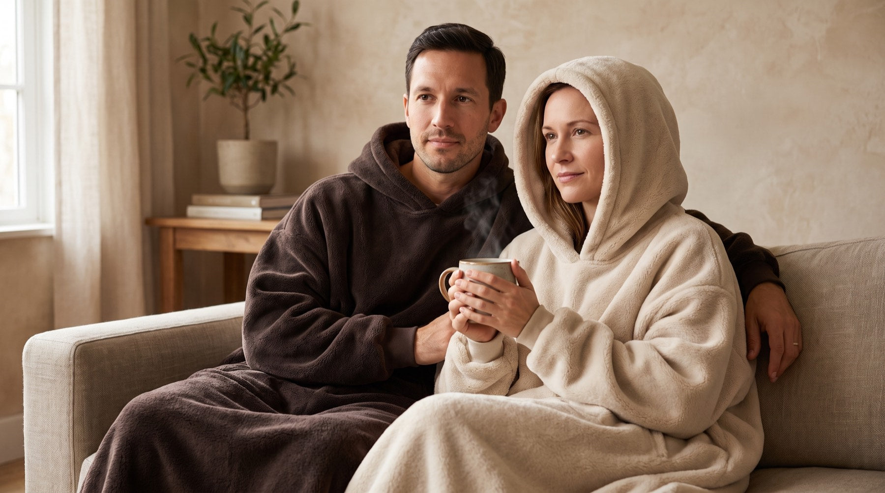 Man and woman on a sofa wearing Alle Boutique oversized hooded blankets in espresso and oatmeal