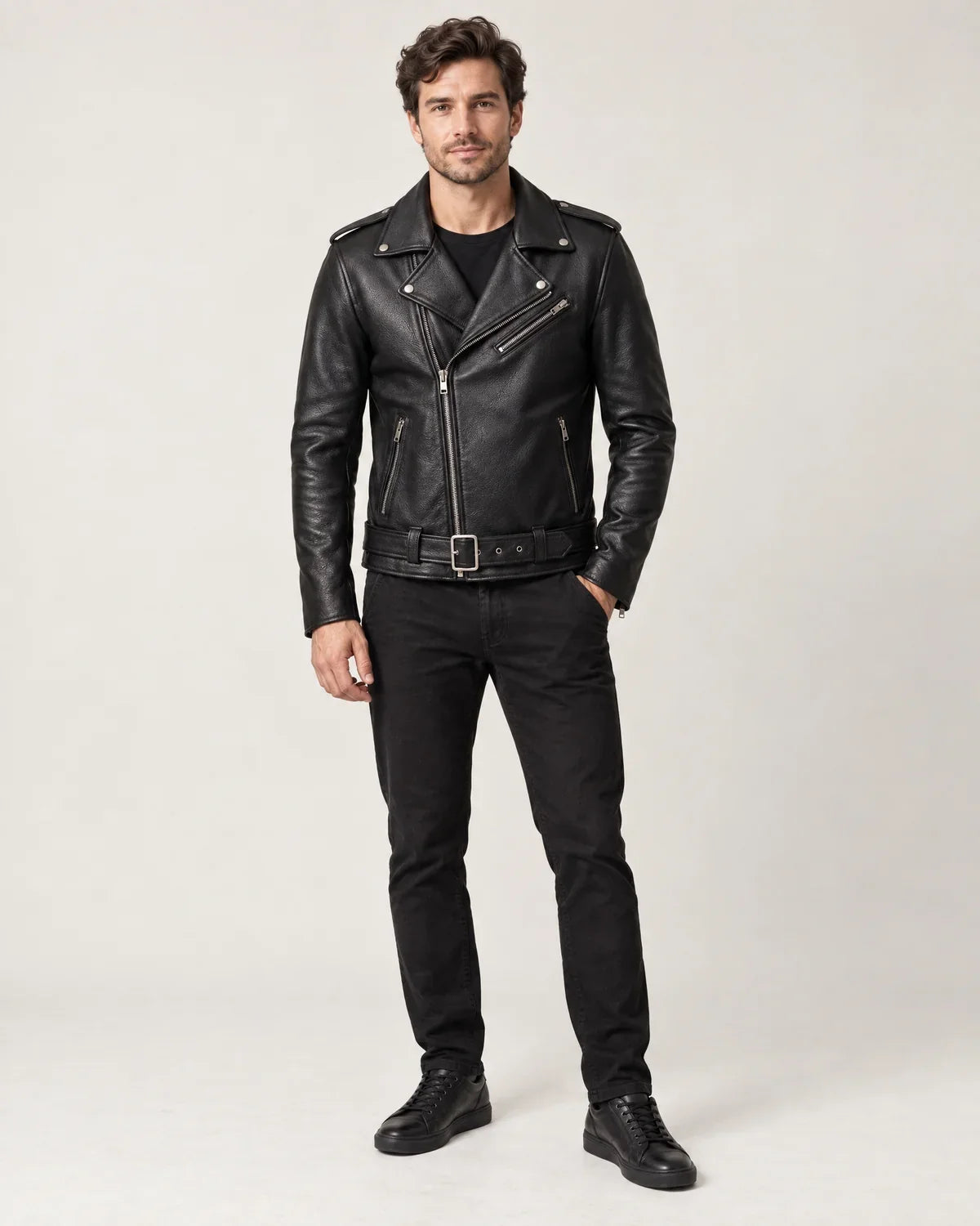 Alaric men's belted biker jacket in black, front view on model