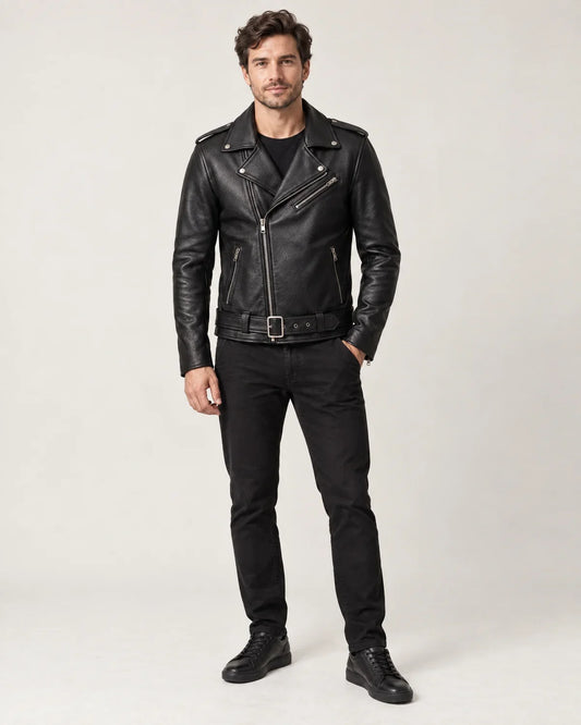 Alaric men's belted biker jacket in black, front view on model