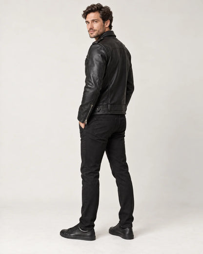 Alaric men's belted biker jacket with an asymmetric zip in black, side view on a model