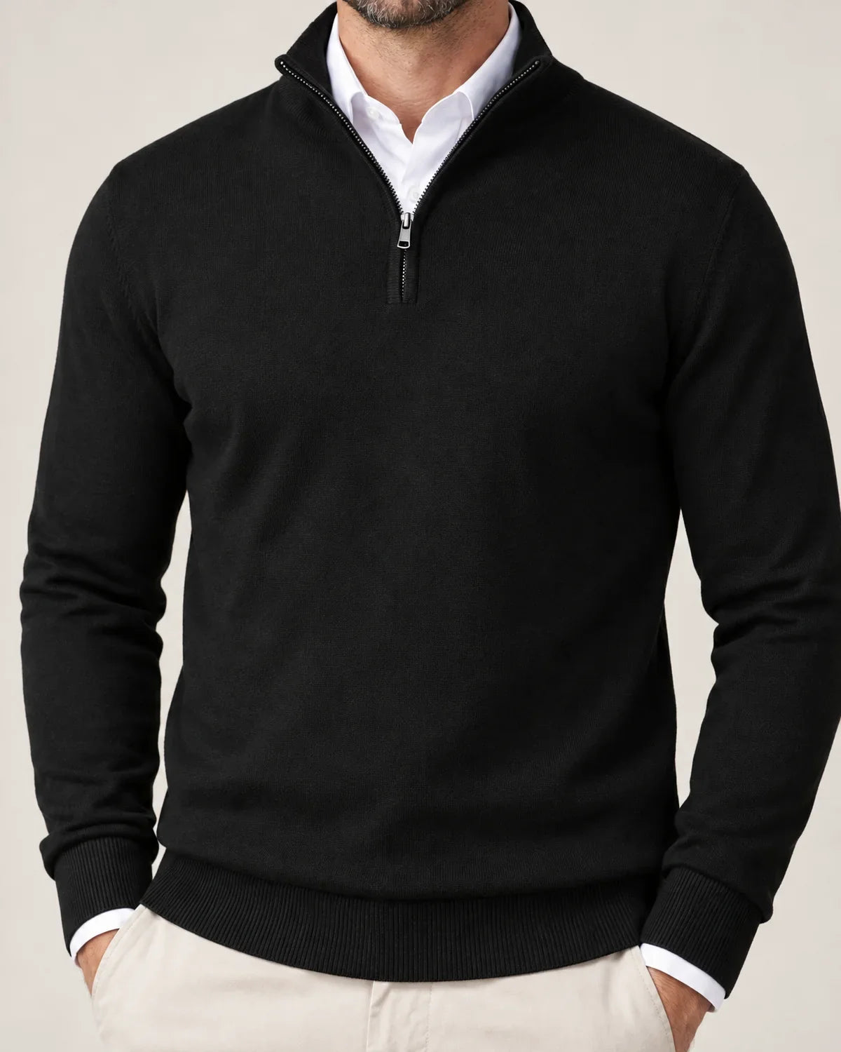 Ansel men's half-zip sweater with stand collar in Black, close-up detail of the fabric and closure