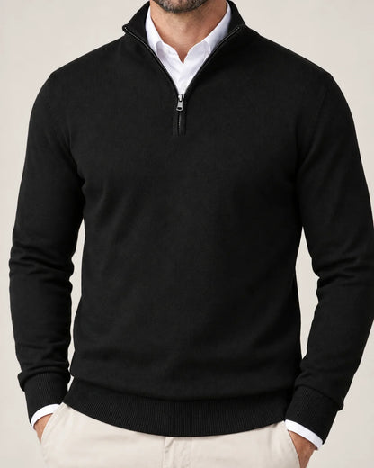 Ansel men's half-zip sweater with stand collar in Black, close-up detail of the fabric and closure