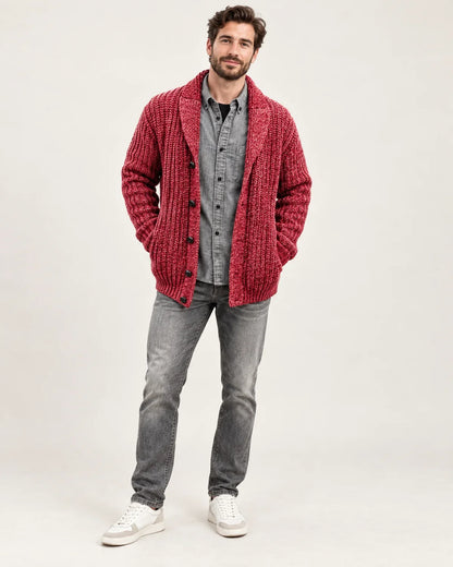 Anselm men's shawl collar cardigan with button front, shown on model