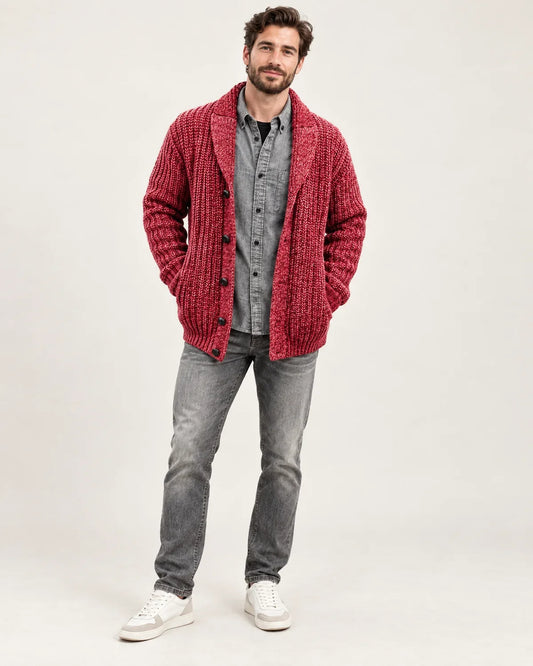 Anselm men's shawl collar cardigan with button front, shown on model