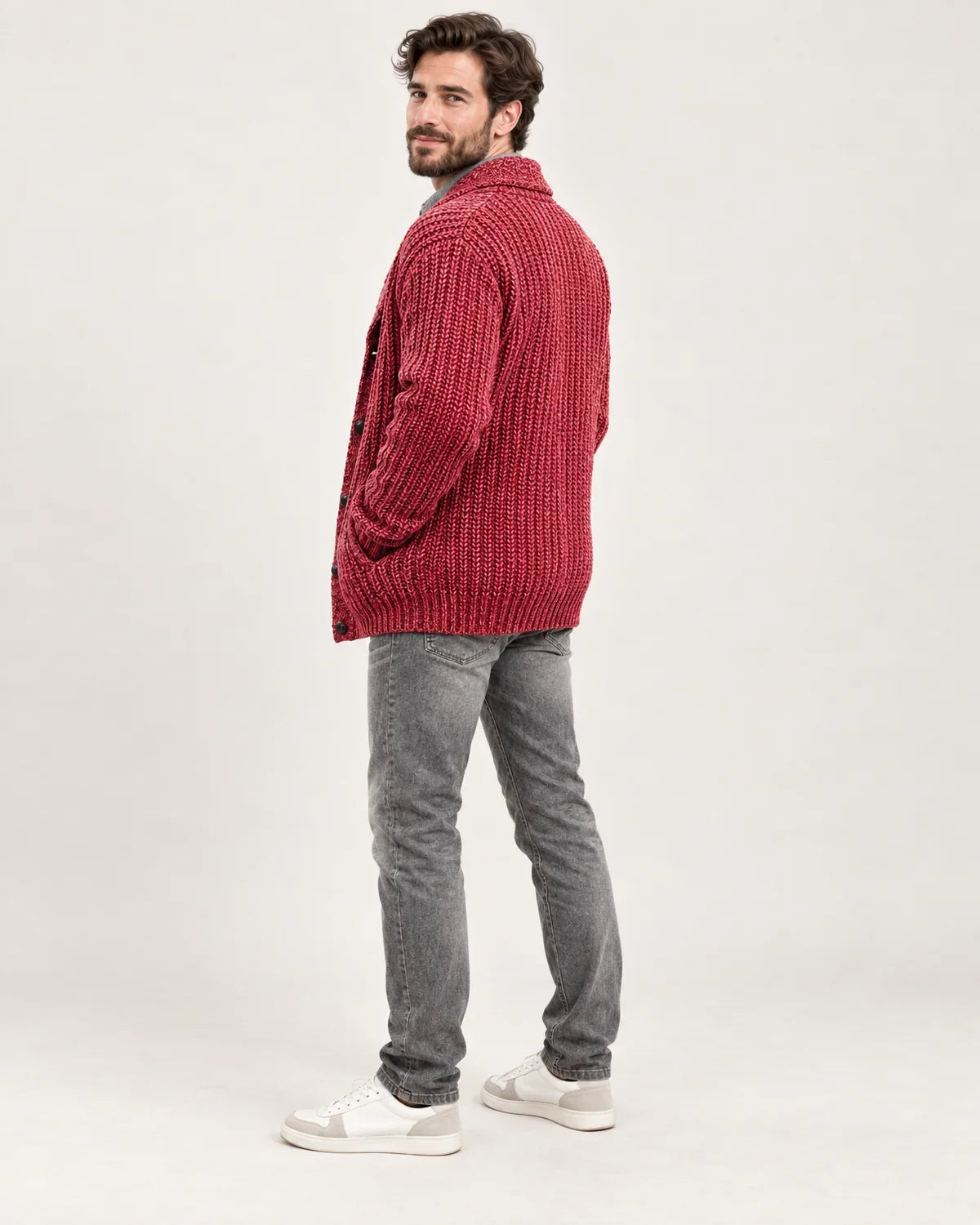 Anselm men's ribbed knit cardigan with shawl collar in Red, side view on a model