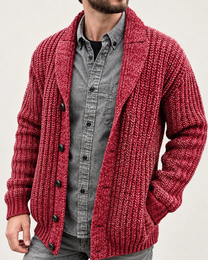 Anselm men's ribbed knit cardigan with shawl collar in Red, close-up detail of the fabric and closure