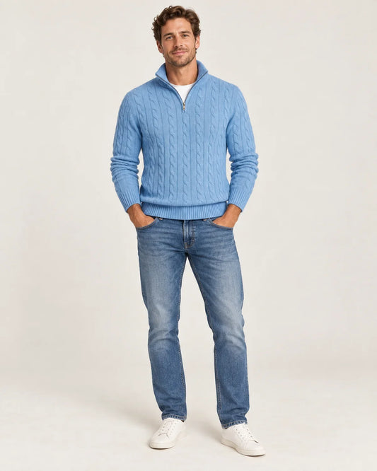 Brandt men's cable-knit half-zip sweater in grey, front view on model