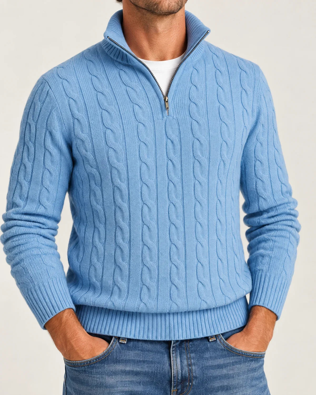 Brandt men's cable-knit half-zip sweater with high collar in Grey, close-up detail of the fabric and closure