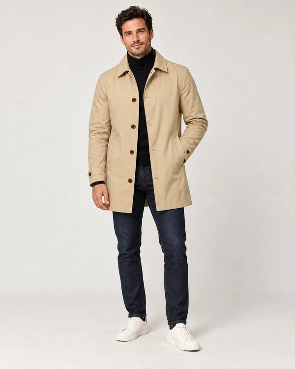 Man in a longline tailored coat over knitwear