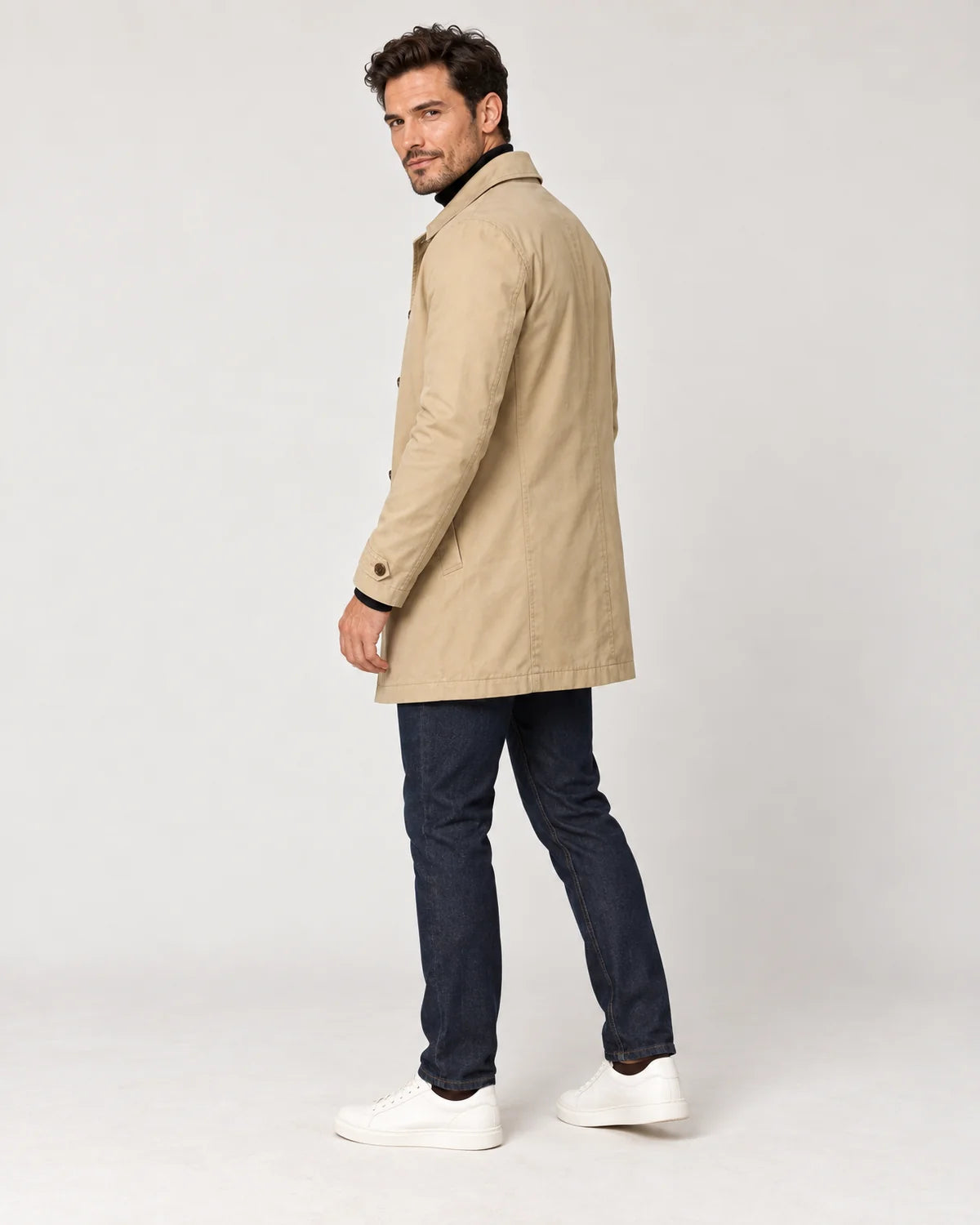 Calder men's tailored longline button-front coat in Beige, side view on a model