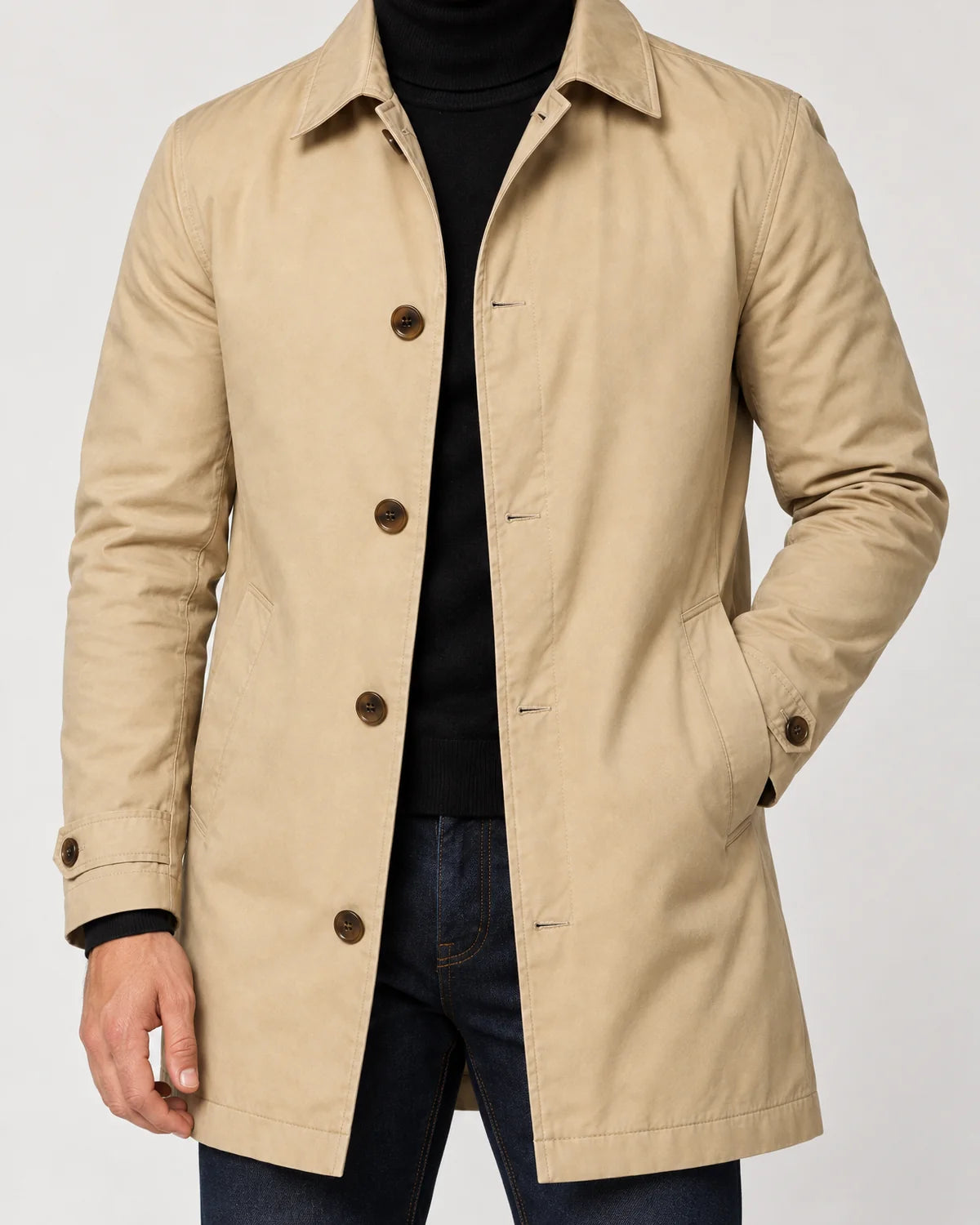 Calder men's tailored longline button-front coat in Beige, close-up detail of the fabric and closure