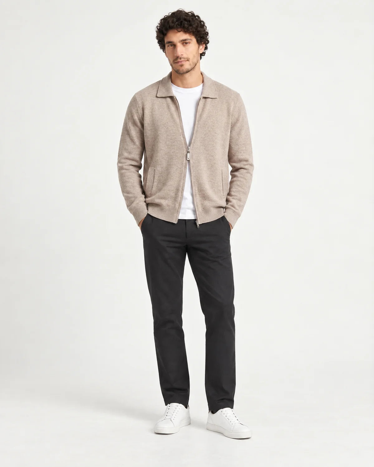 Corbin men's full-zip cardigan in beige with a flat shirt collar, front view on model