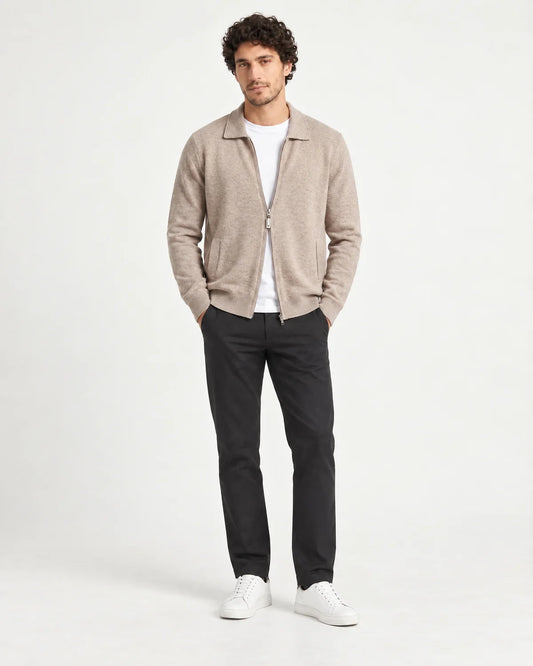 Corbin men's full-zip cardigan in beige with a flat shirt collar, front view on model