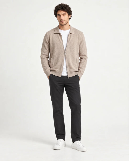 Corbin men's full-zip cardigan in beige with a flat shirt collar, front view on model