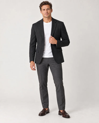 Ellery men's tailored knit blazer in Black, front view worn open over a white t-shirt