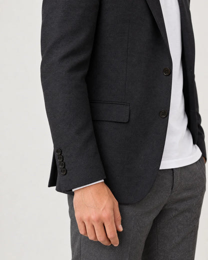 Ellery men's tailored knit blazer in Black, close-up of the four-button cuff and flap pocket