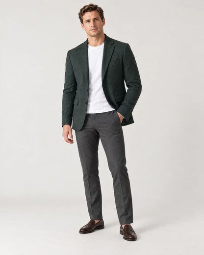 Ellery men's tailored knit blazer in Dark Green, front view on a model