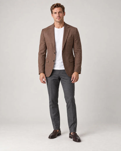 Ellery men's tailored knit blazer in Brown, front view on a model