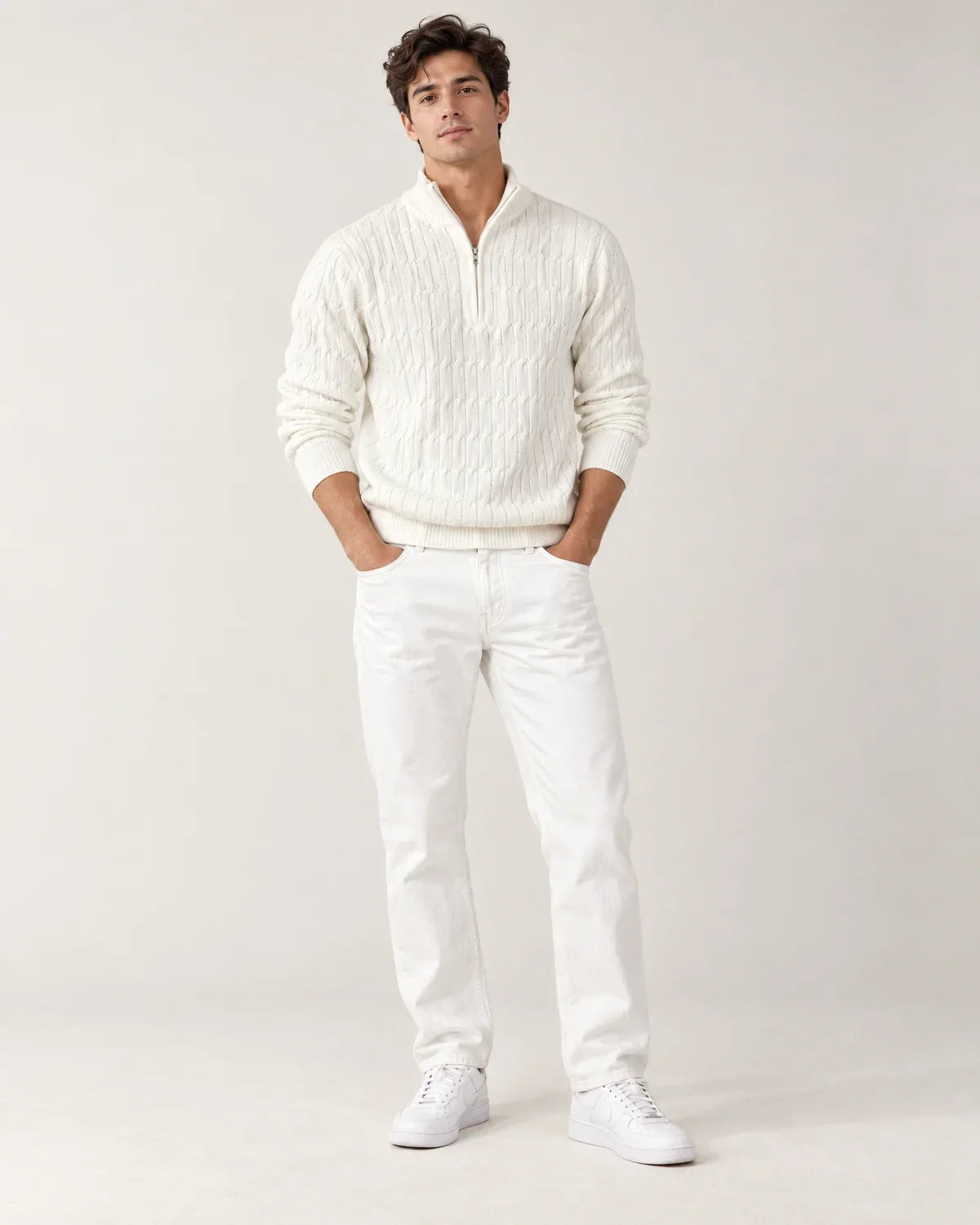 Emory men's quarter-zip sweater with funnel neck, shown on model