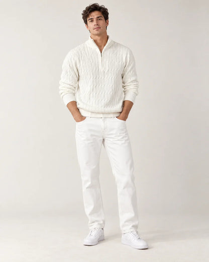 Emory men's quarter-zip sweater with funnel neck, shown on model