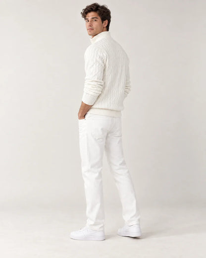 Emory men's cable knit quarter-zip sweater with funnel neck in White, side view on a model