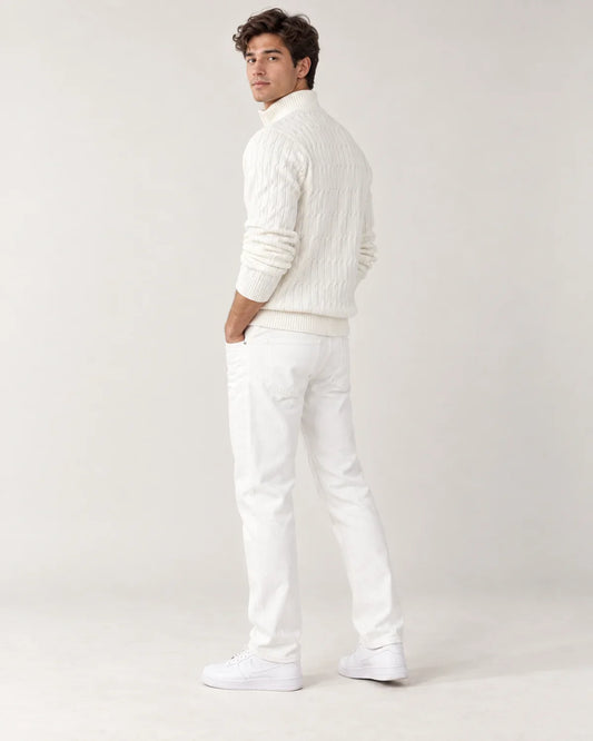 Emory men's cable knit quarter-zip sweater with funnel neck in White, side view on a model
