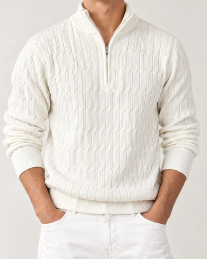 Emory men's cable knit quarter-zip sweater with funnel neck in White, close-up detail of the fabric and closure