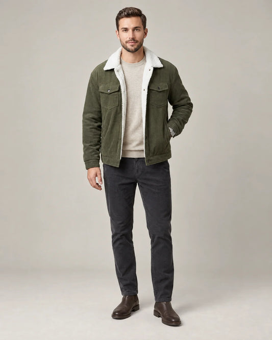 Everett men's corduroy sherpa lined trucker jacket in army green, front view worn open over an oatmeal sweater