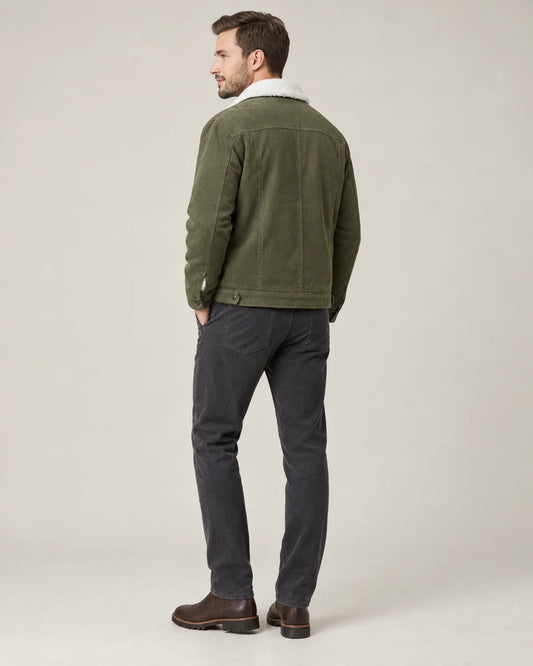Everett men's corduroy sherpa lined trucker jacket in army green, three-quarter back view showing the yoke and hem tabs