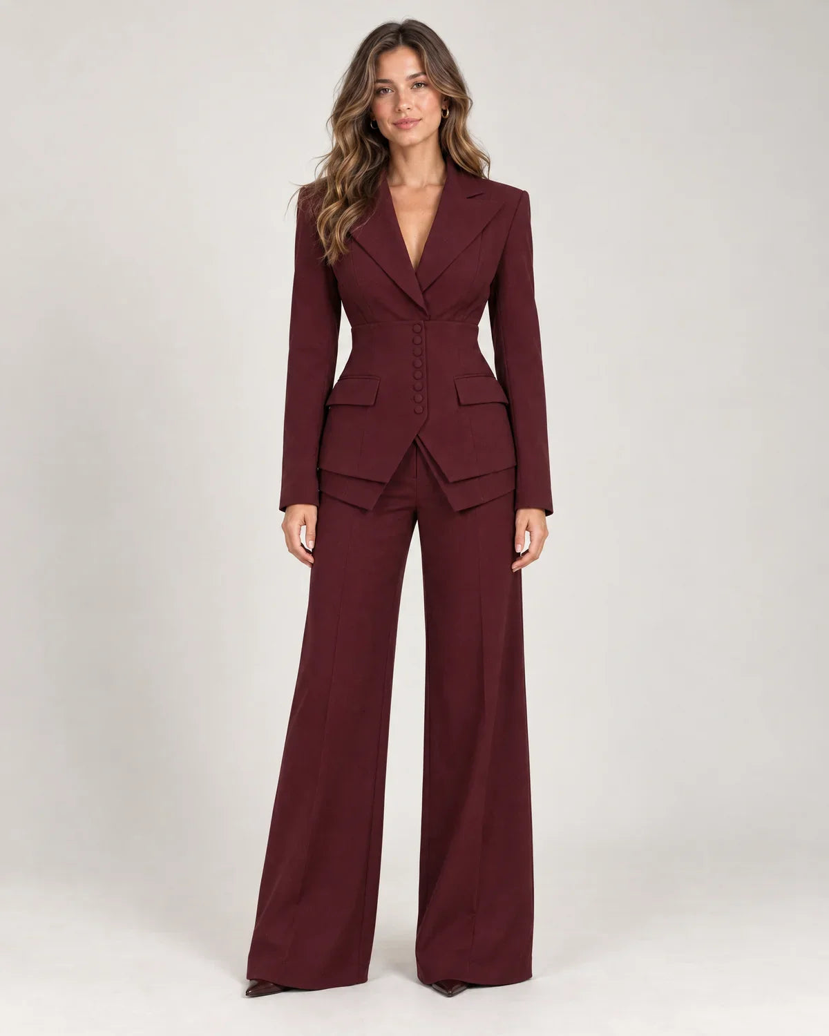 Fenna women's three piece suit set with blazer, waistcoat and wide-leg trousers, shown on model