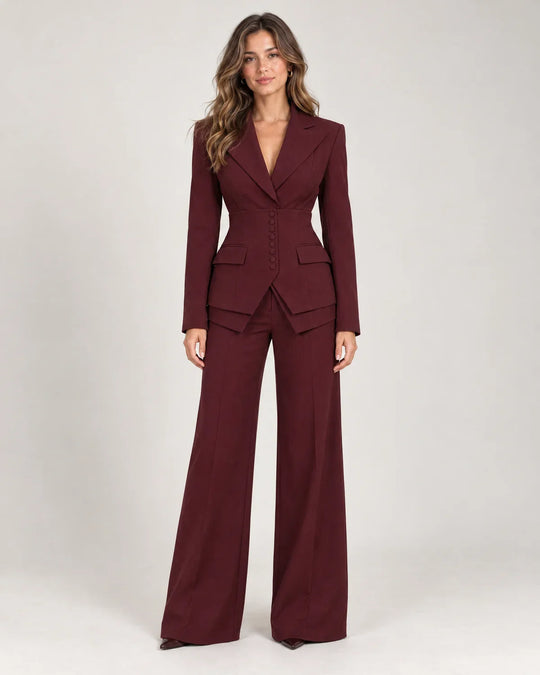 Fenna women's three piece suit set with blazer, waistcoat and wide-leg trousers, shown on model