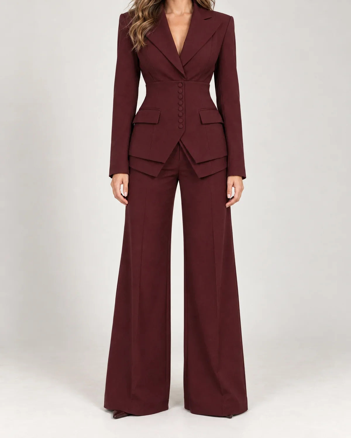 Fenna women's tailored three-piece suit with wide-leg trousers in Burgundy, close-up detail of the fabric and closure