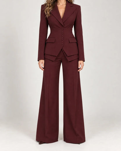 Fenna women's tailored three-piece suit with wide-leg trousers in Burgundy, close-up detail of the fabric and closure