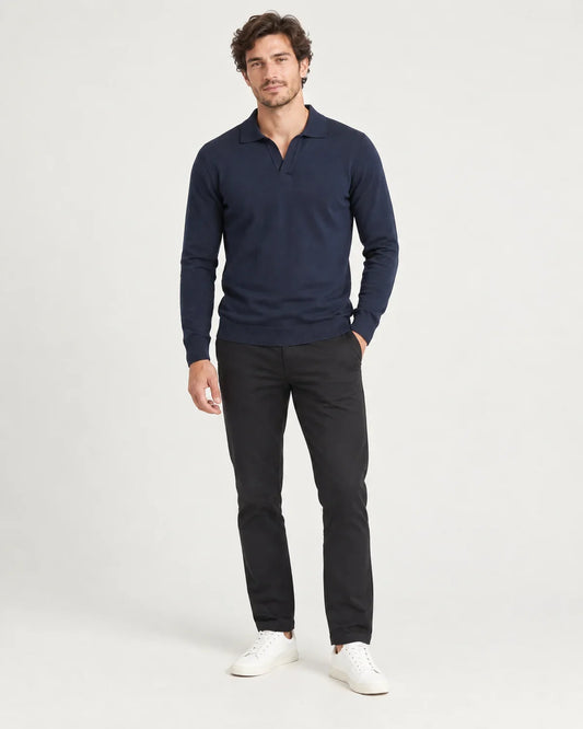 Foster men's polo sweater in navy, shown on model