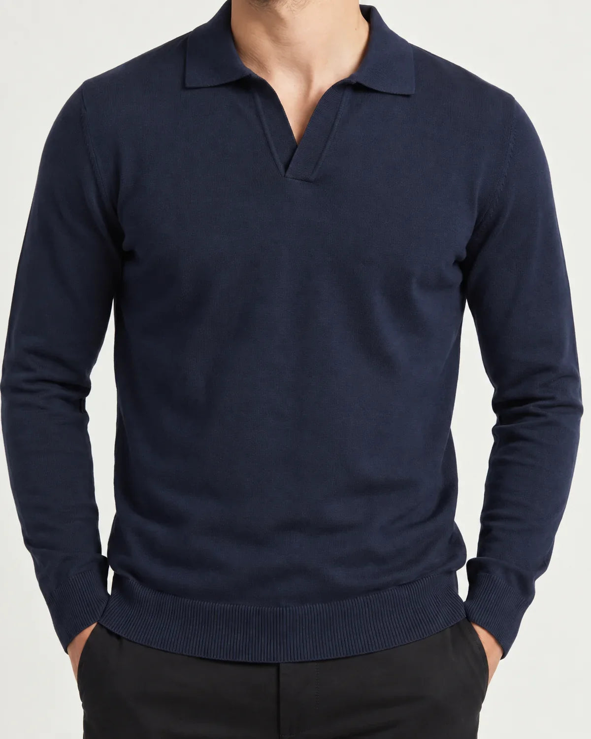 Foster men's slim-fit knitted polo jumper in Navy, close-up detail of the fabric and closure