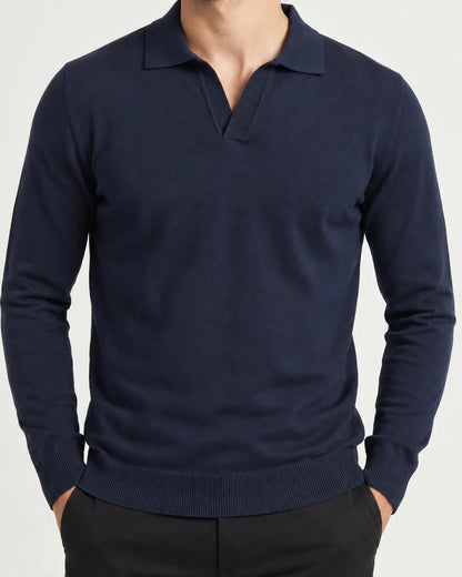Foster men's slim-fit knitted polo jumper in Navy, close-up detail of the fabric and closure
