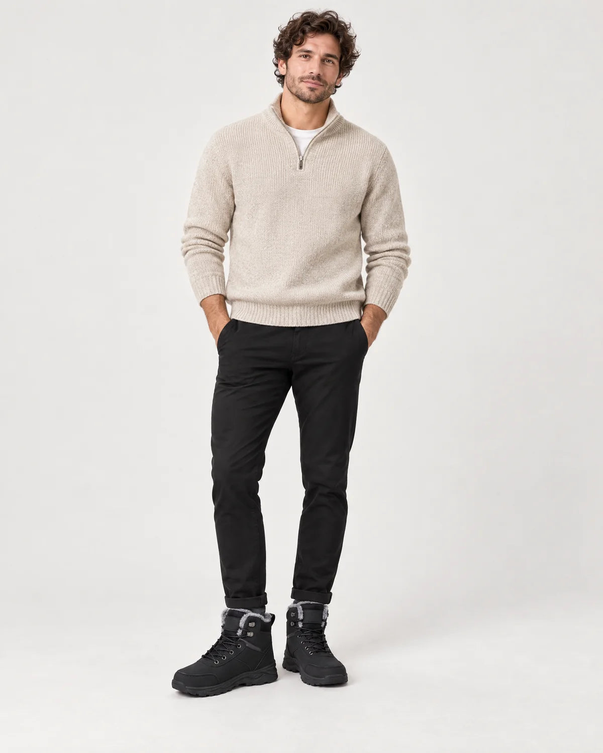 Garrick men's black plush lined lace-up winter ankle boots, full-length front view with black chinos