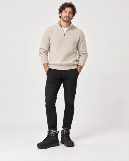 Garrick men's black plush lined lace-up winter ankle boots, full-length front view with black chinos
