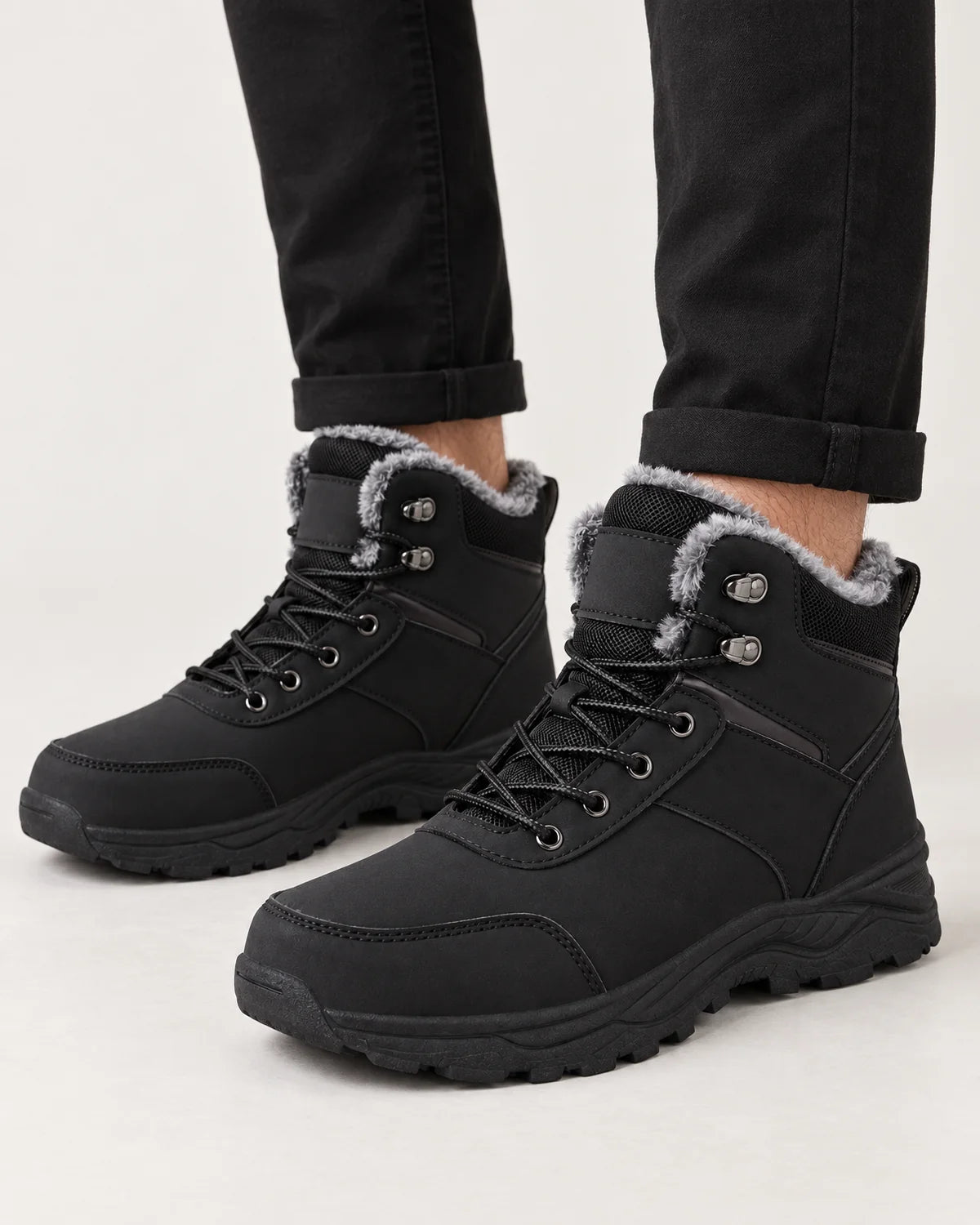 Garrick men's black plush lined winter boots, close-up of the plush collar, speed hooks and lug sole