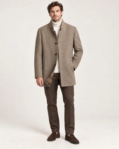 Halden men's mid-length overcoat with stand collar, front view on model