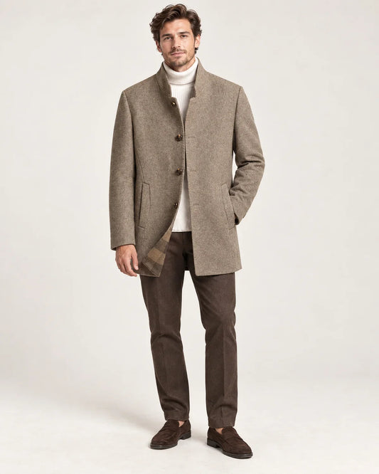 Halden men's mid-length overcoat with stand collar, front view on model
